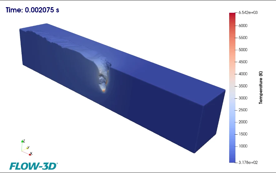 FLOW-3D melt-pool simulation showing temperature around a heated region in a metal specimen.